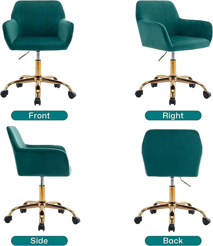 KCC Velvet Office Desk Chair, Comfy Swivel Modern Leisure Armchair with Wheels, Upholstered Comfy Velvet Fabric Makeup Chair Height Adjustable for Teens Women Girls Elegant Home Office, Green