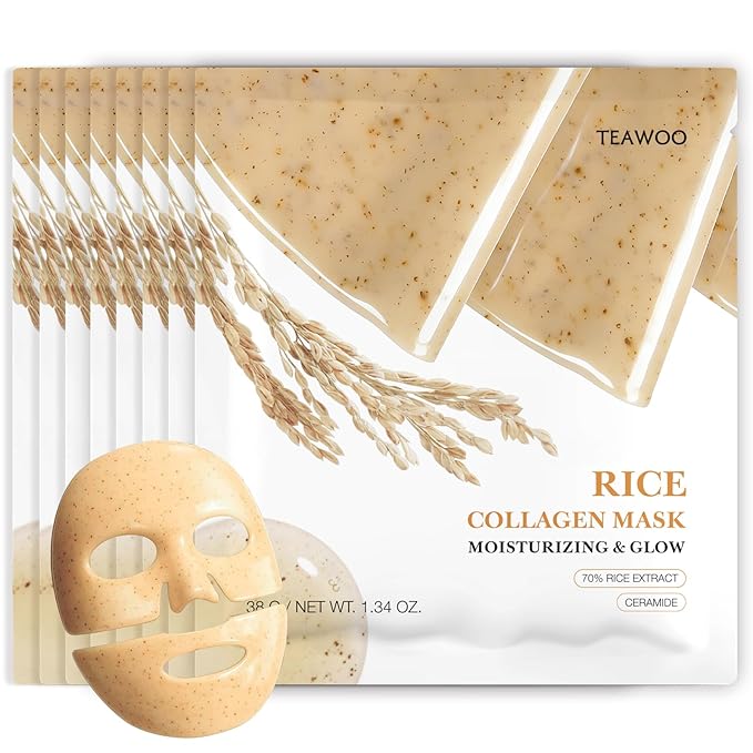 Rice Deep Collagen Face Mask, 38g x 8 EA, Moisturizing and Hydrating Overnight Facial Mask, Contains Ceramide & Collagen for Glass Glow Skin, Korean Skincare