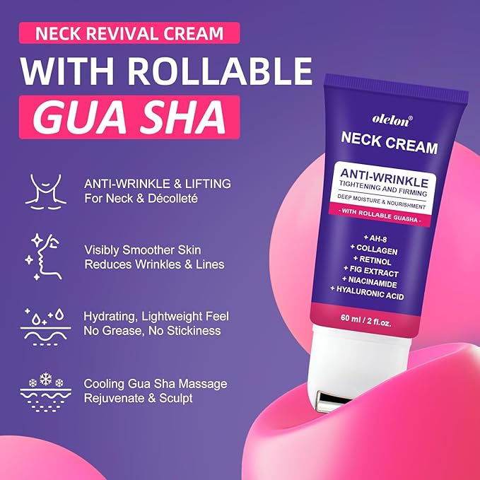 Neck Firming Cream with Roller, Neck Cream for Tightening and Firming with Retinol, Collagen & Niacinamide to Reduce Wrinkles, Tighten Sagging Skin & Lift Jawline