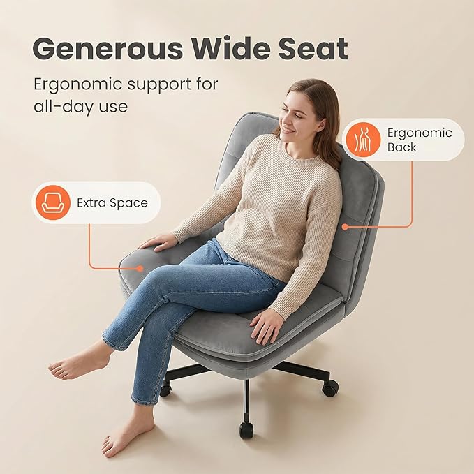 GTPLAYER Cross Legged Office Chair, Armless Desk Chair Cute Vanity Chair with Wheels Computer Chair Comfy Wide Office Chair Adjustable Swivel for Home Computer Task,Soft Velvet, Grey