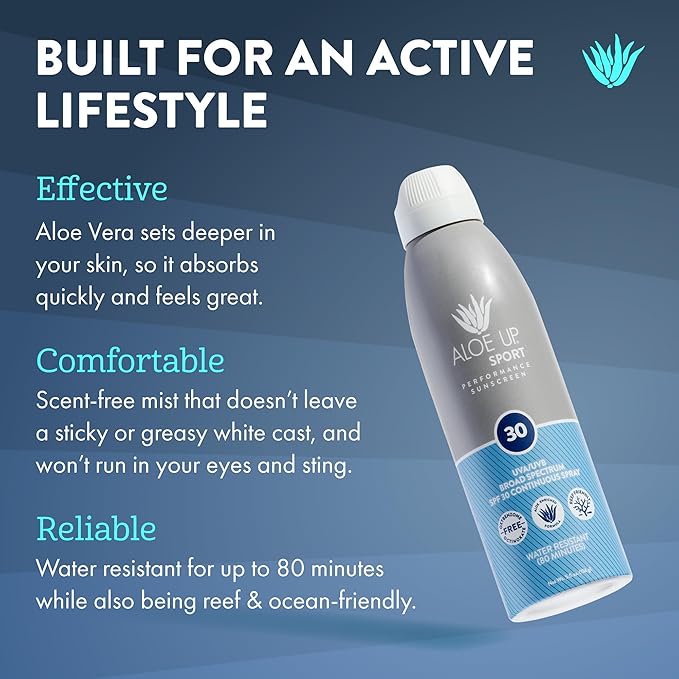 Aloe Up Sport Spray Sunscreen SPF 30 – Broad Spectrum Sunblock with Hydrating Aloe Vera Gel – Fast Absorbing, No White Cast, Reef Friendly, Water Resistant up to 80 Minutes, Fragrance Free – 6 Oz