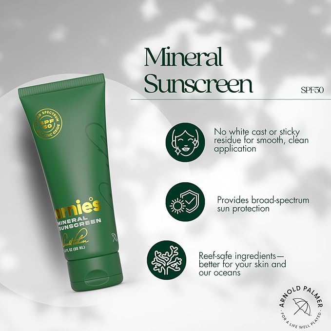 Arnie's Mineral Sunscreen SPF 50 by Arnold Palmer - Lightweight Tinted Formula, 100% Non-Nano Zinc Oxide, Ceramides + Aloe + Hyaluronic Acid, Reef-Safe Fragrance-Free, 3.0 Fl. Oz.