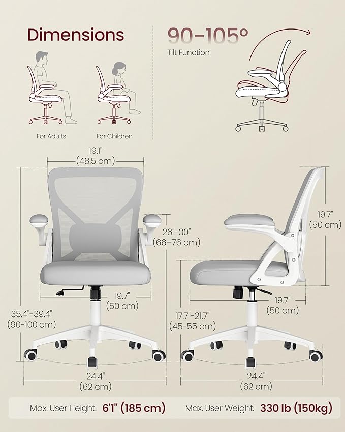 VASAGLE Ergonomic Mesh Office Chair with Adjustable Lumbar Support, 90-105° Tilt Function, Wide Seat, Flip‑Up Armrests, Computer Desk Chair for Home Office, Dove Gray UOBN045GD01S