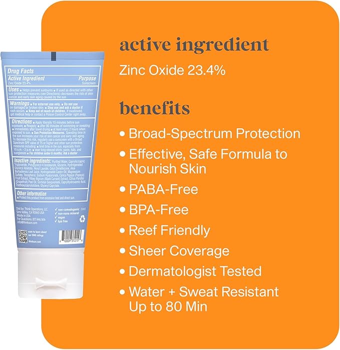 Thinksport SPF 50+ Sunscreen for Face with Clear Zinc Oxide, 2 Fl Oz – Safe, Natural, Water Resistant Face Sunscreen UVA/UVB Sun Protection – Vegan, Reef Safe Sunscreen