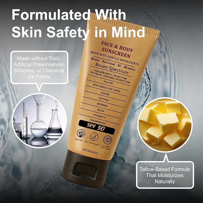 Beef Tallow Sunscreen SPF 50 - Grass Fed Beef Tallow, Non-Nano Zinc Oxide Sunblock, Water Resistant, Clean Non-greasy Formula for Face and Body, 3 Oz