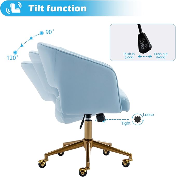 Home Office Chair Swivel Velvet Desk Chair Accent Armchair Upholstered Modern Tufted Chairs with Gold Base for Girls Women Ergonomic Study Seat Computer Task Stools for Living Room(Blue)
