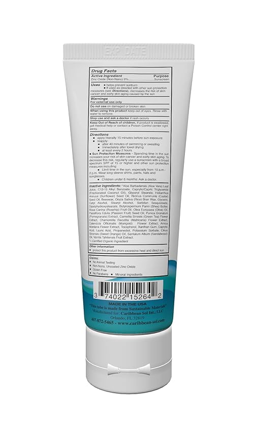 Caribbean Sol Natural Sunscreen SPF15, 4oz - Mineral, Coral Reef Safe Sunscreen Lotion for Body, Non-Nano Zinc Oxide Sunblock, Oxybenzone Free Sun Care, Minimal White Cast, For All Ages and Skin Types