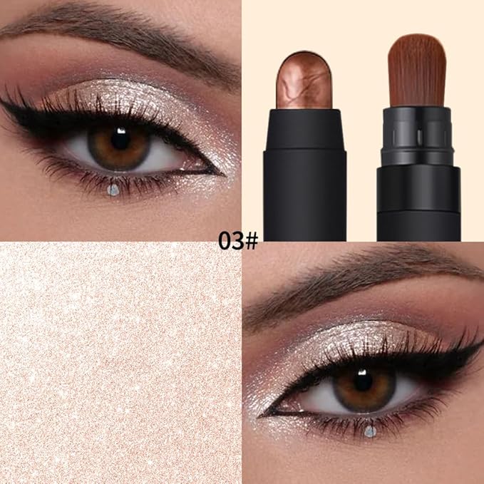 Shimmer Eyeshadow Stick –Rose Gold Dual-Ended Creamy Pearl Eye Shadow Pencil with Built-In Smudger, Waterproof Long-Lasting High Pigment Eye Makeup for Smooth Glide 03#