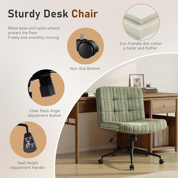 Furnimart Heavy-Duty Curved FSC Wood Desk Chair 360° Swivel,Premium Chenille Criss Cross Chair with Wheels Wide Seat, Comfy Armless Cross Legged Sitting for Bedroom, Office, Vanity(Green)