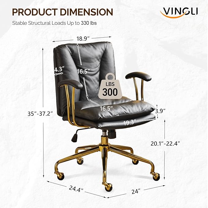VINGLI Home Office Desk Chair Comfy with Wheels & Removable Armrests,Gold Base Vanity Chair with Back, Adjustable Rolling Swivel Computer Task Chair for Study,Makeup,Office,Bedroom,PU Leather,Black