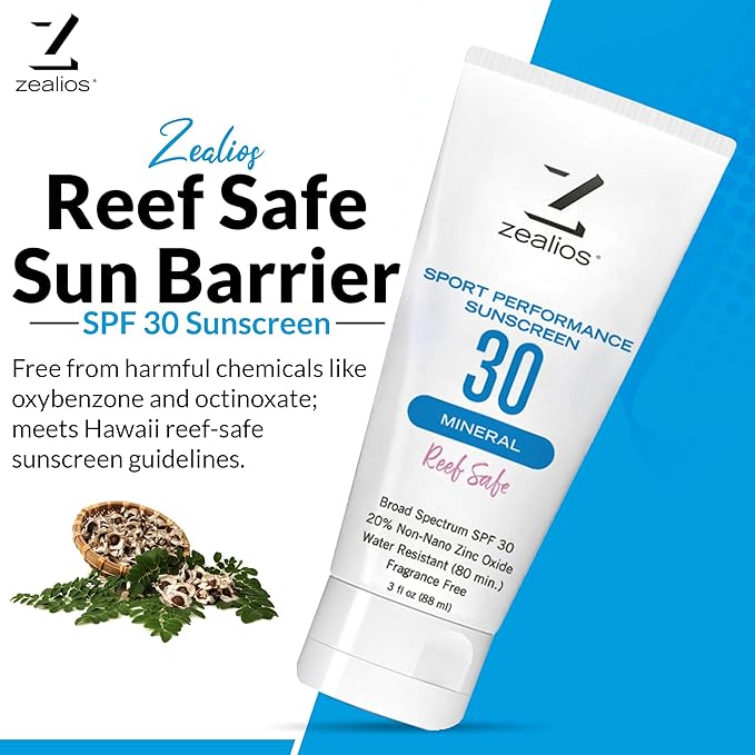 Zealios Sport Performance Mineral Reef Safe SPF 30 Sunscreen, 3 oz Tube, Water & Sweat Resistant (80 min) Non-Greasy, 20% Non-Nano Zinc Oxide, for Running, Cycling, Swimming
