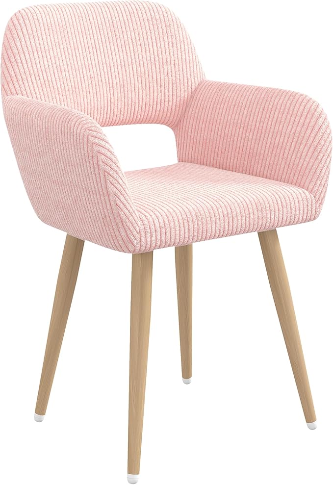 Home Office Desk Chair Set of 1, Corduroy Fabric Vanity Chair for Makeup with Hollow Backrest, Comfy Armchair Wood Frame with Strudy Metal Legs, Pink