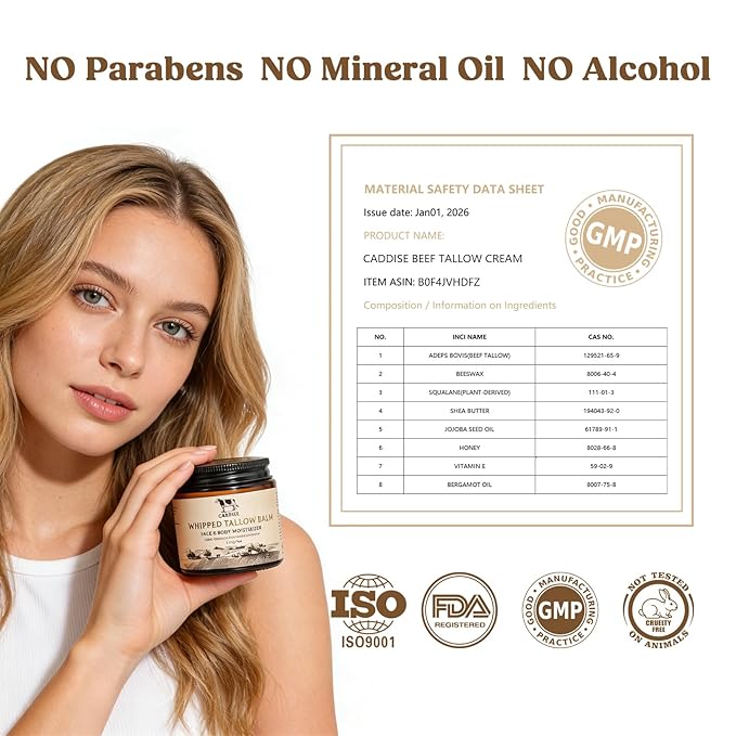 Whipped Beef Tallow for Skin – 100% Grass-Fed Handmade Cream Moisturizer for Face & Body, Natural with Honey, Shea Butter, Jojoba Oil, Non-Greasy, Nourishing for Men, Women, Kids, 4 Oz (Lavender)