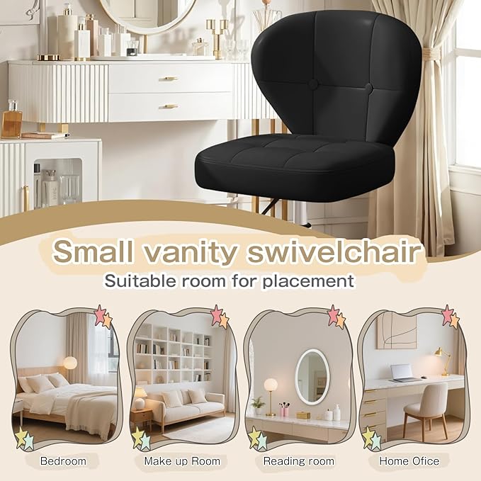 Vanity Chair with Back – Small Armless Office Chair with Wheels, Lumbar Support, PU Leather, Adjustable Height, 360° Swivel for Home, Bedroom, Office Black Set of 2