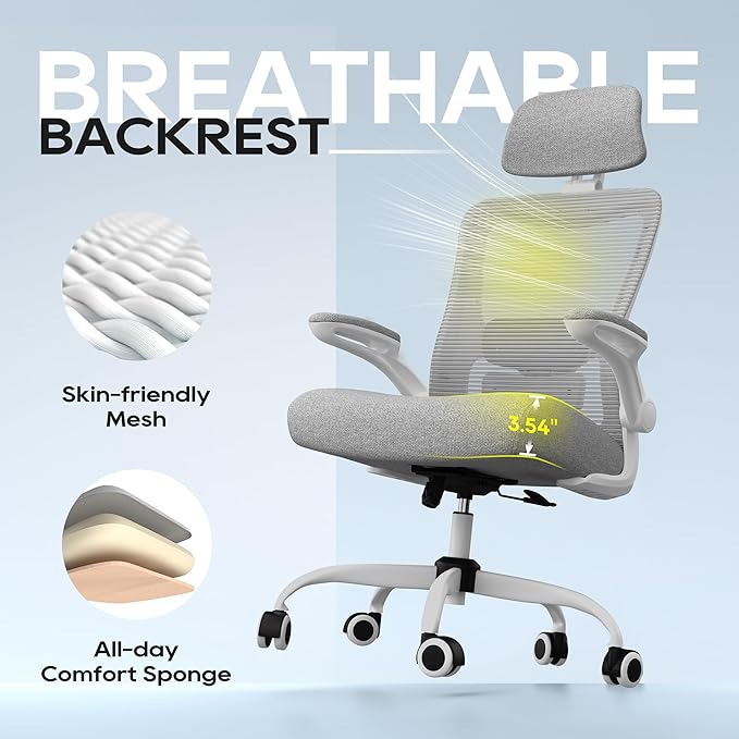 Ergonomic Office Chair, High Back Mesh Desk Chair with Adjustable Lumbar Support & Headrest, Flip-up Armrest, Computer Task Chairs for Home and Executive Office (G-Grey)
