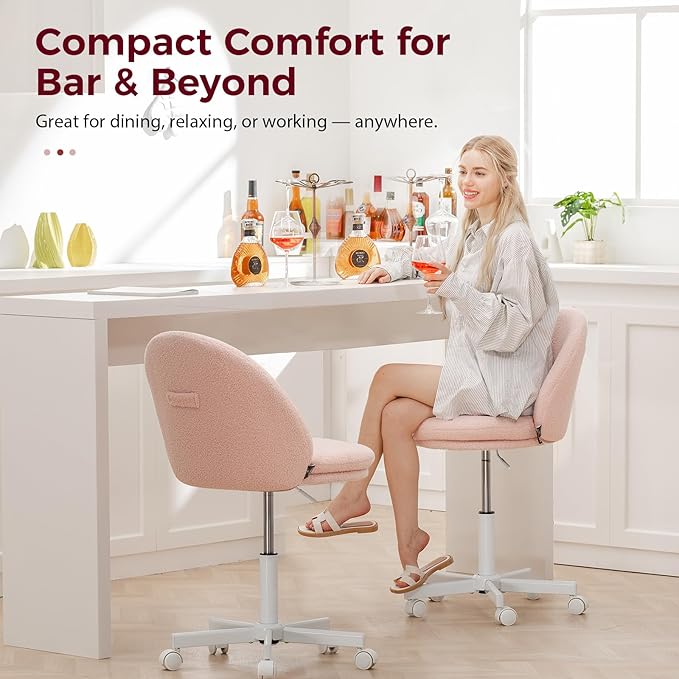GTPLAYER Velvet Tall Office Chair with Wheels Vanity Chairs with Back, Versatile Height Use: Office to Bar Stools Small Ergonomic Comfy Armlees Computer Desk Chair with Bow Lumbar Pillow for Gift
