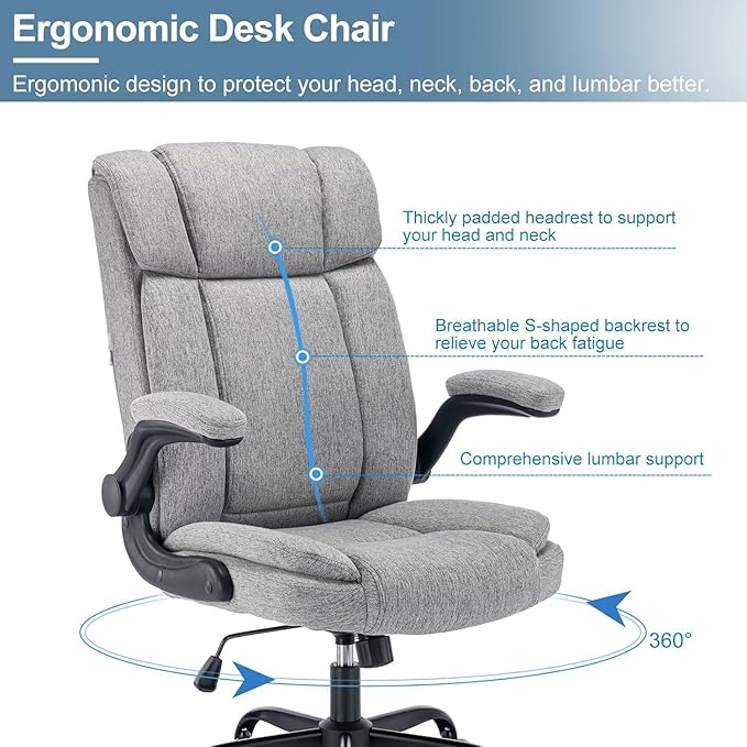 Office Chair High Back Ergonomic Executive Computer Desk Chair Comfortable Fabric Padded Home Office Desk Chairs with Flip-up Arm Rest Adjustable Height Swivel Wheels (Grey)