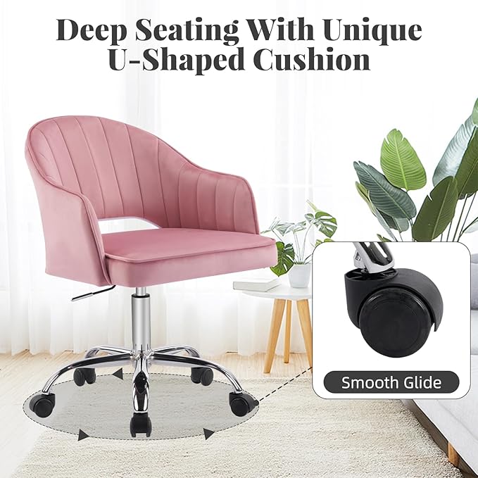 MOJAY Modern Vanity Chair with Wheels, Mid-Back Cutout Velvet Home Office Chair, Swivel Height-Adjustable Soft Seat Cute Desk Chair with Arm Support (Rose Pink)