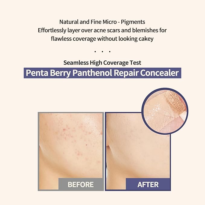 HEVEBLUE Penta Berry Panthenol Repair Concealer 22-23 BEIGE - Lightweight, Full Coverage Dark Circles, Acne&Blemishes, Vegan, Sensitive Skin, Korean Makeup, Non-clogging Pores