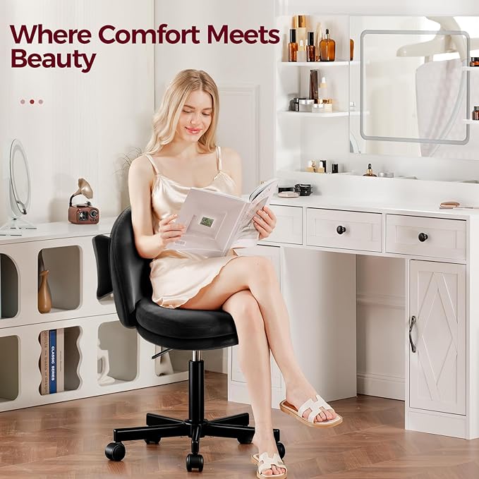 GTPLAYER Velvet Tall Office Chair with Wheels Vanity Chairs with Back, Versatile Height Use: Office to Bar Stools Small Ergonomic Comfy Armlees Computer Desk Chair with Bow Lumbar Pillow for Gift