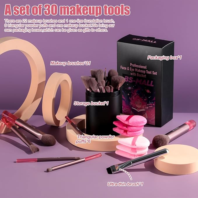BS-MALL 21 Pcs Professional makeup brush set with foundation brush for liquid Makeup, eyeshadow Brush, concealer brush - Includes 6 Triangle Puffs & case for Even, Multi-purpose application (Pink)