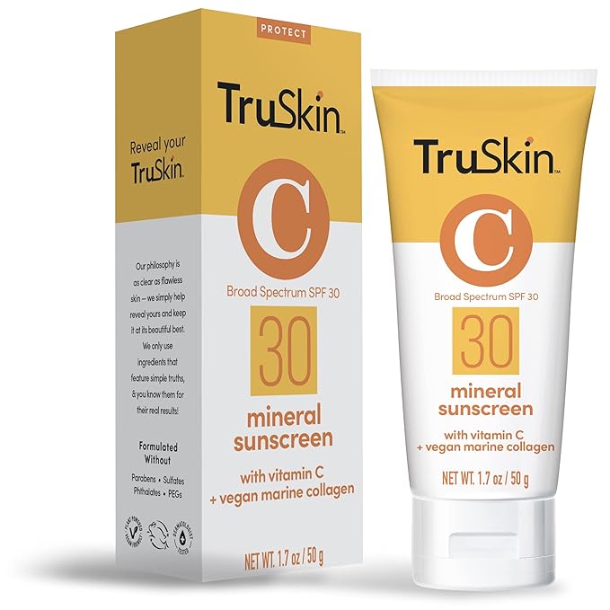 TruSkin Mineral Sunscreen SPF 30 for Face - Zinc Oxide Broad Spectrum Protection with Squalane, Vitamin C & Marine Collagen - Reef-Safe Mineral Face Sunscreen for Sensitive Skin, 1.7 fl oz