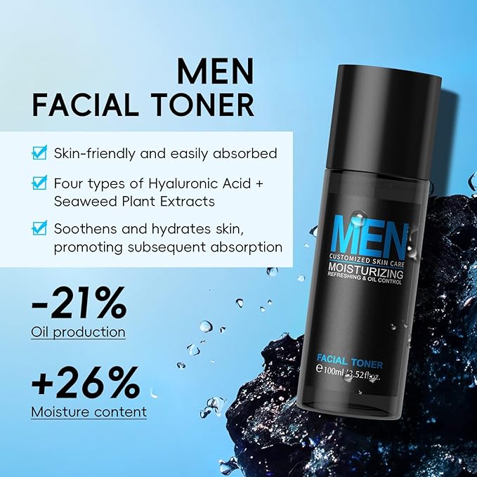 Mens Skin Care Kit, 3-Piece Men's Daily Essential Skincare Set with Cleanser, Toner & Moisturizer, Lightweight Hydrating & Firming Routine for Sensitive Dry Skin, Gift Set for Men & Teenagers