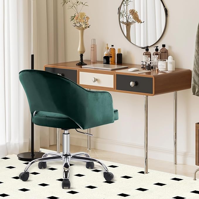 MOJAY Modern Mid-Back Tufted Velvet Office Chair, Swivel Height-Adjustable Home Desk Chair,Cute Velvet Soft Seat Vanity Chair with Rivet and Arm Support (Green2)
