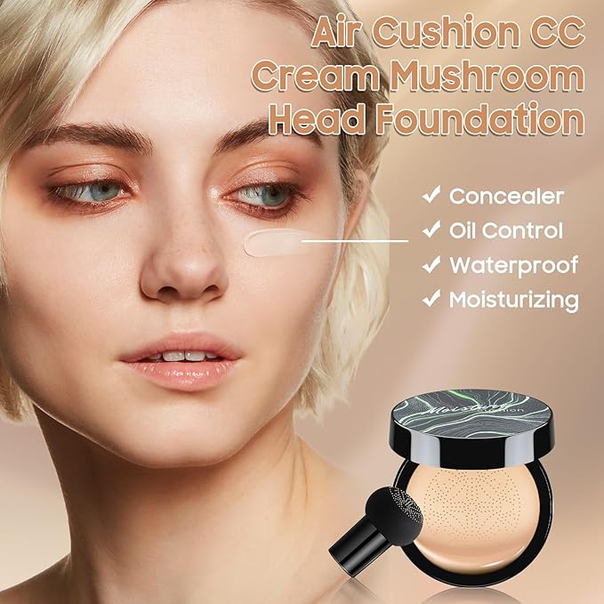 Air Cushion CC Cream Foundation - Mushroom Head BB Creams, Long Lasting Concealing Brightening, Moisturizer Face Cream,Facial Skin Care Makeup For All Skin Types, Gifts for Women(Nude)