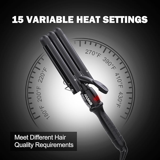 kuwa Crimper Hair Tool,15 Variable Temperature Beach Waves Curling Iron,3 Barrel Curling Iron,Hair Crimper for Women,HairWaver with LCD Temperature Display