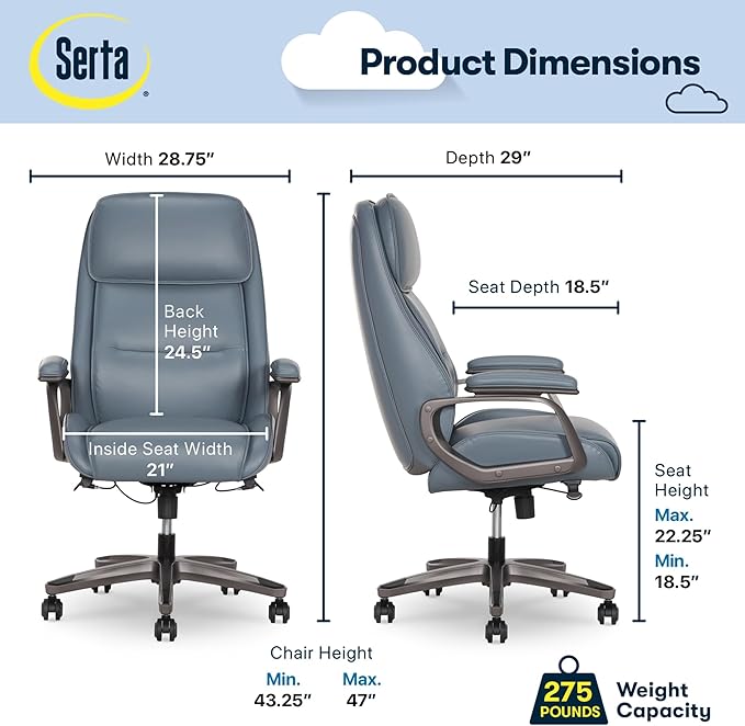 Serta® SmartLayers™ Mosby Ergonomic Vegan Leather High-Back Executive Office Chair, Blue/Dark Gray, BIFMA Compliant