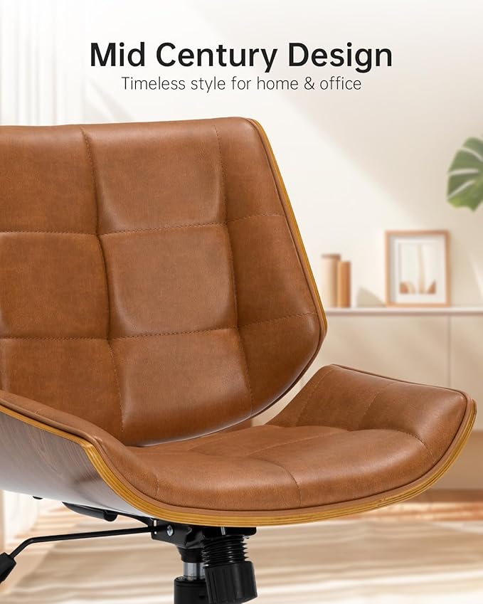 Mid-Century Modern Home Office Chair,Adjustable Height Desk Chair with Walnut Finish&PU Leather,Armless Executive Computer Chair with 360° Swivel Rolling Wheels for Vanity, Bedroom&Workspace (Brown)