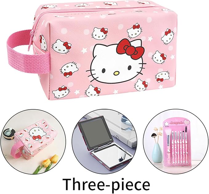Cute Makeup Bag Set, 1 Makeup Bag and 7 Makeup Brush and 1 Compact Mirror, PU Leather Travel Cosmetic Bag, Gifts for Women Girls, pink0202
