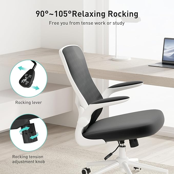 Hbada Office Chair Ergonomic Desk Chair, Office Desk Chairs with PU Silent Wheels, Breathable Mesh Computer Chair with Adjustable Lumbar Support, Flip-up Armrests, Tilt Function, White