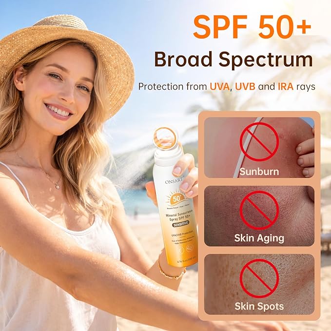 Mineral Sunscreen Spray SPF 50+, Reef Safe, Zinc Oxide Sunscreen, Broad Spectrum UVA/UVB, 360° Ring Spray, Water Resistant 80 Minutes, Lightweight Non-Greasy, 6.76 fl Oz (Pack of 2)