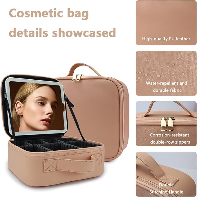 Makeup Bag with Led Mirror,Large Vanity Makeup Cases with 3 Color Setting,Portable Storage and Adjustable Dividers,for Women and Makeup Artists Cosmetic Organizer Travel Makeup Bag-Khaki