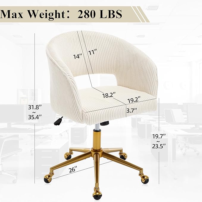 Westice Home Office Desk Chairs, Modern Corduroy Rolling Chair, Height Adjustable Swivel Vanity Chair with Golden Base, Ergonomic Chair for Vanity Study, Living Room Computer Room, Beige