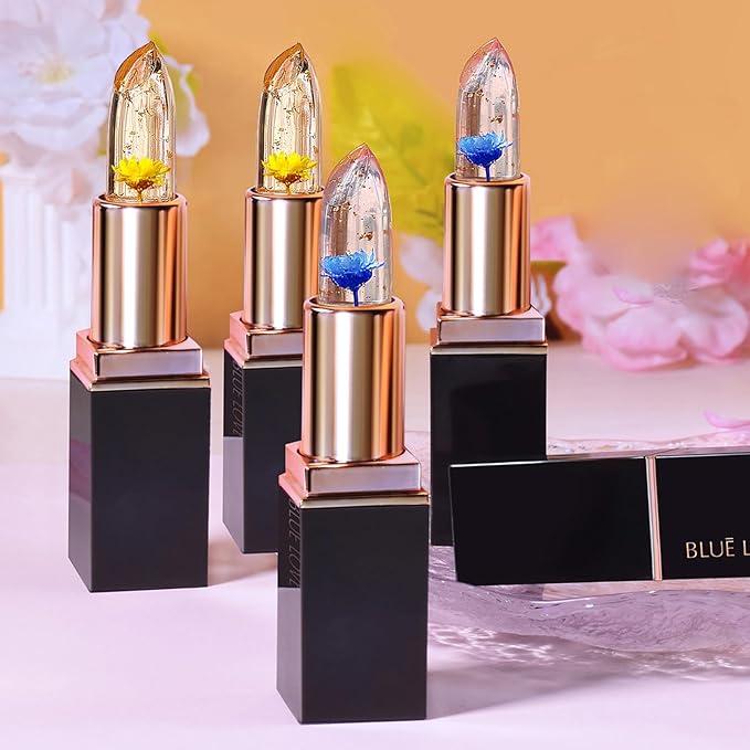 BLUE LOVE 3-Piece Color Changing Flower Jelly Lipstick Set - Nourishing Clear Lip Balm with Flower, Long-Lasting Moisturizing Lip Gloss (3Pc Gold)