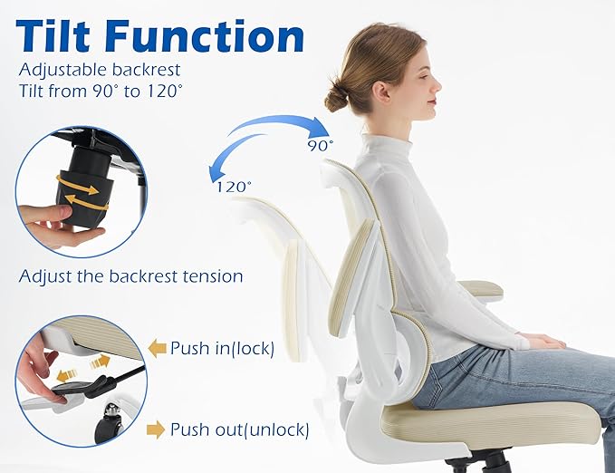 TRALT Ergonomic Office Chair - Desk Chair with Adjustable Lumbar Support Computer Chair - Mesh Comfy Chair with Flip-up Armrests - Gaming Chairs for Adults Home Office (Leather, Beige)