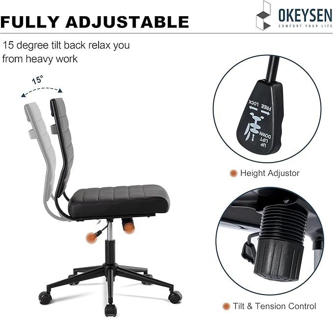 Okeysen Office Desk Chair No Arms, Mid Back Ergonomic Swivel Black Armless Conference Room Chairs, Adjustable Height PU Leather Home Desk Chair, Modern Small Rolling Computer Task Chair