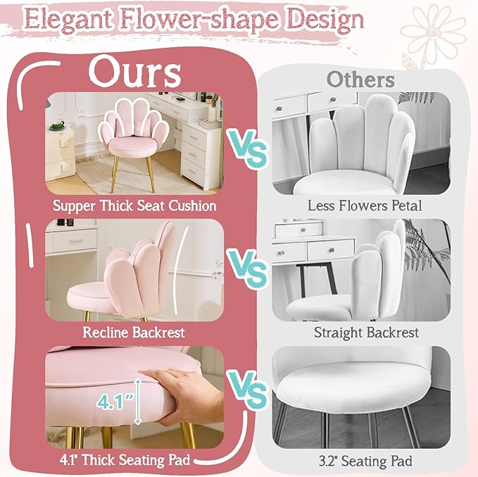 VINGLI Petal Makeup Vanity Chair with Back,Flower Cute Girls Desk Chair Comfy No Wheels,Modern Dining Chair,Small Accent Chair with Adustable Gold Legs&Bow Pillow for Home Office,Bedroom,Velvet,Pink