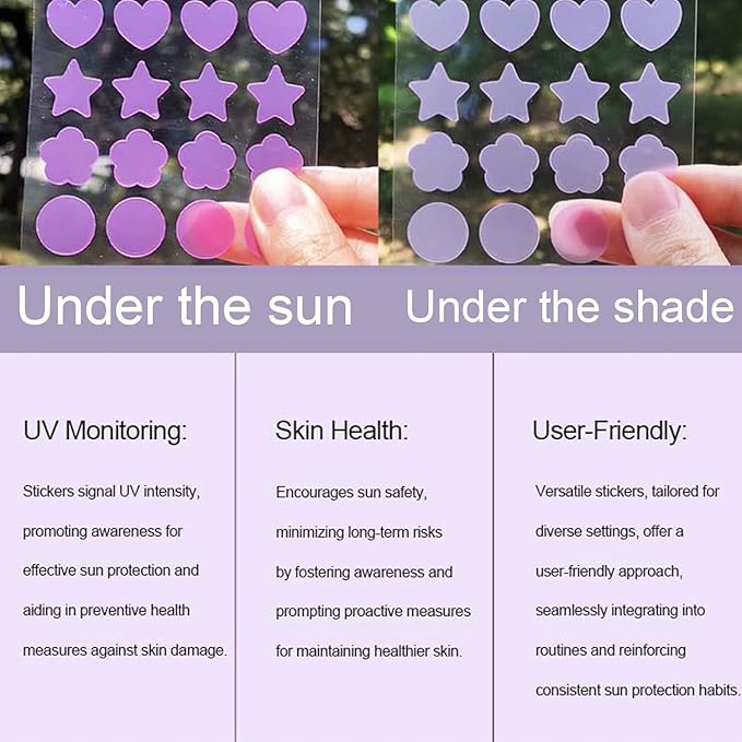 3 pieces Purple UV Stickers for Sunscreen, 48 Count UV Detection Reminder Waterproof UV Stickers, Know When to Re-Apply Sunscreen, UV Detecting Patches for Beach, Swimming Sunscreens