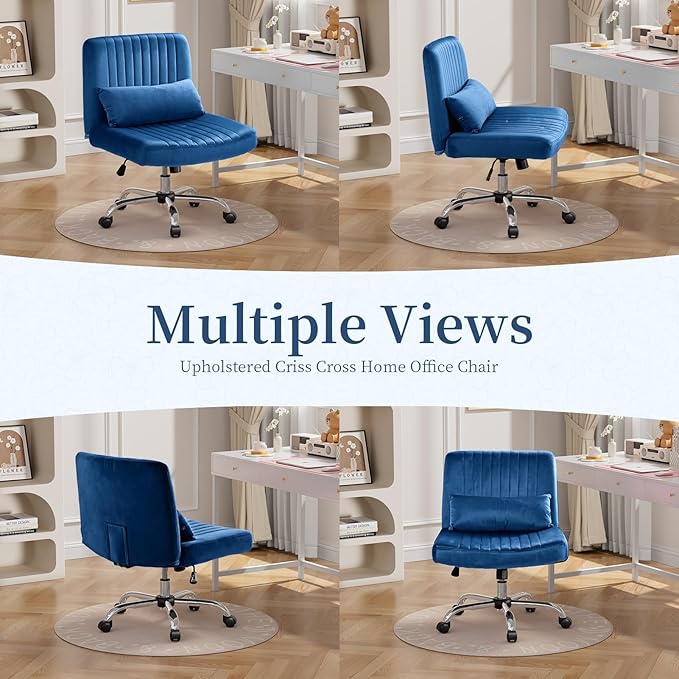 Warmiehomy Velvet Criss Cross Chair with Wheels, Cross Legged Office Chair, Comfy Desk Chair for Home Office, Ergonomic Computer Chair, Wide Seat Vanity Chair, for Adults, Dark Blue