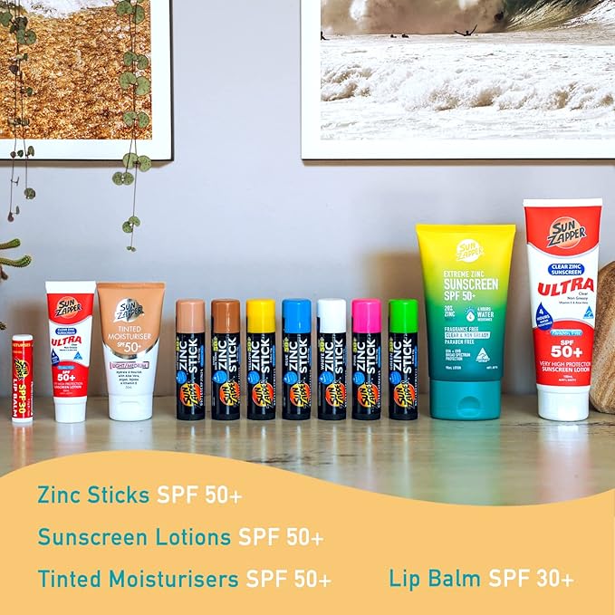 Sun Zapper Zinc Stick Mineral Sunscreen Green SPF 50+ Water Resistant for Face & Body, Adults, Kids, 4-Pack Broad Spectrum Sun Block, Made in Australia