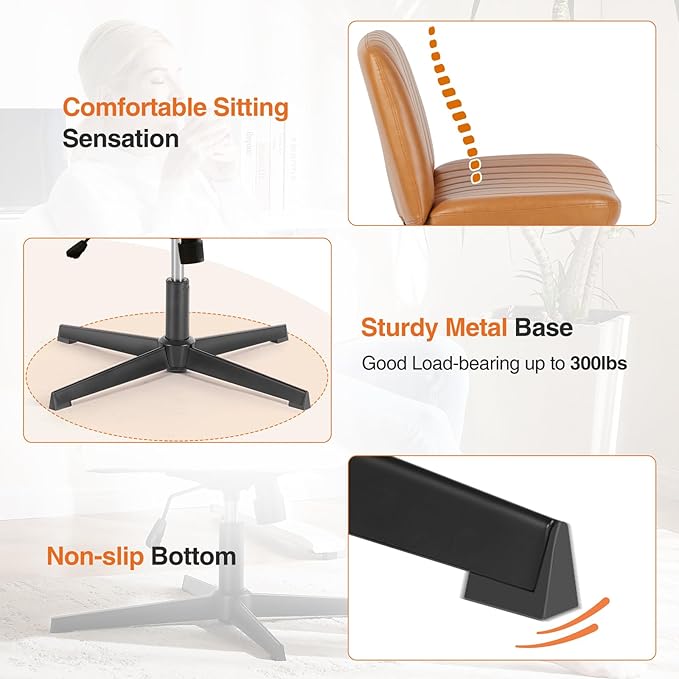Sweetcrispy Criss Cross Chair Legged, Armless Office Wide Desk Chair No Wheels, PU Leather Swivel Vanity Height Adjustable Fabric Modern Computer Task Seating for Home - Brown
