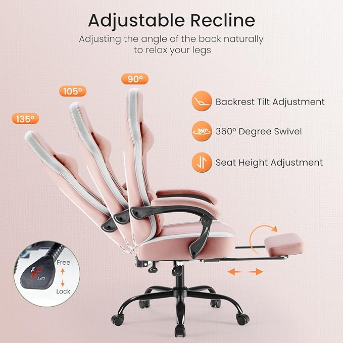 NEWBULIG Gaming Chair with Footrest – High Back Ergonomic Computer Desk Chair with Lumbar Support, Headrest, Linkage Armrests, Reclining Office Chair with 360° Swivel & Height Adjustment, Pink