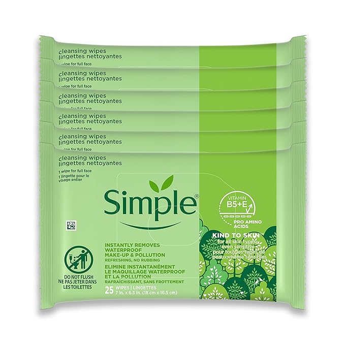 Simple Kind To Skin Cleansing Makeup Remover Wipes - Vegan Facial Cleanser Wipes with Vitamin B5 and E - Removes Waterproof Makeup - 6 pc