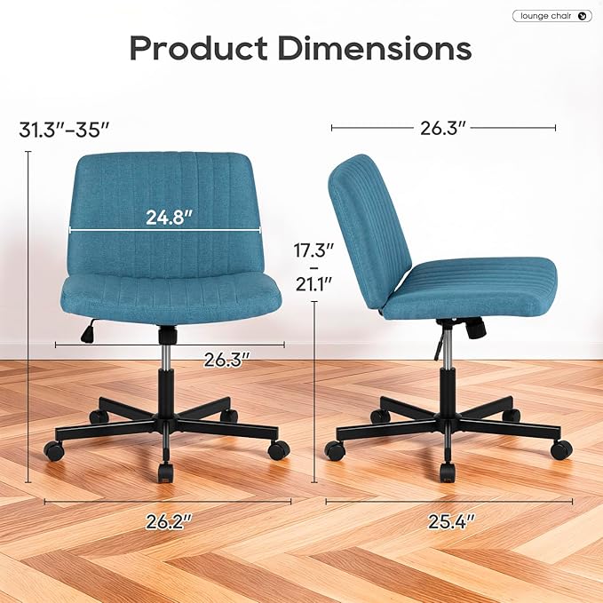 PayLessHere Criss Cross Chair Wide, Armless Office Desk Chair,Backrest Vanity Chair with Wheels 360 Swivel, Height Adjustable for Home Office, Home Office Blue