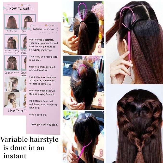Topsy Tail Hair Tool Set - 6pcs Loop Styling Tool, Ponytail Pull Through, Two Sizes, 3 Colors (Pink/Purple/Blue) for Women, Girls & Kids