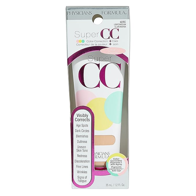 Physicians Formula Super CC+ Cream Color-Correction + Care Cream Full Coverage Light Foundation, Anti Aging Hydrating Serum, For Uneven Skin Tone, Dermatologist Approved